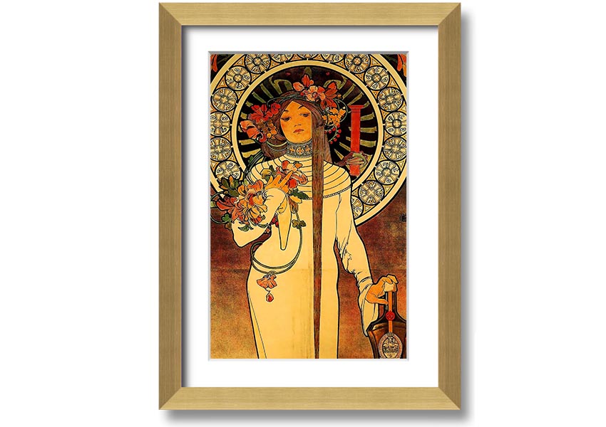 Framed print of Alphonse Mucha's La Trappistine artwork, showcasing intricate details and vibrant colors.